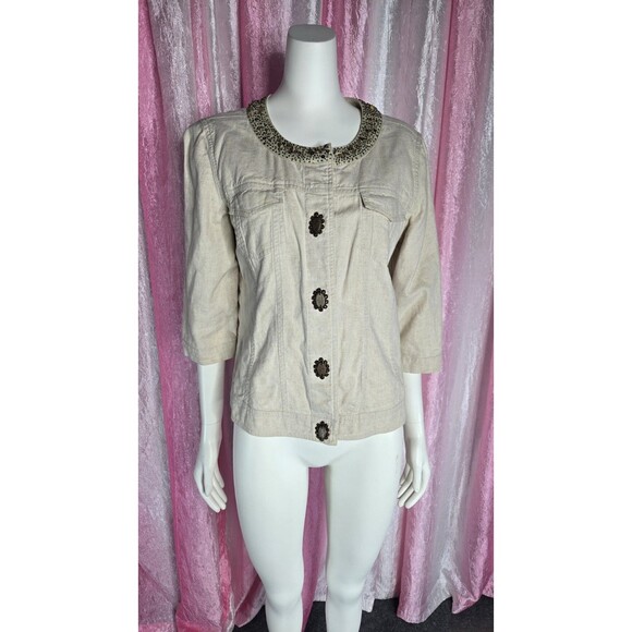 J.Jill Linen Beaded Tan Cropped Button Front Jacket Size Medium Petite - Picture 2 of 13